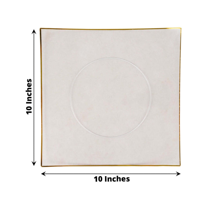10-inch square white plate with gold trim, showing dimensions