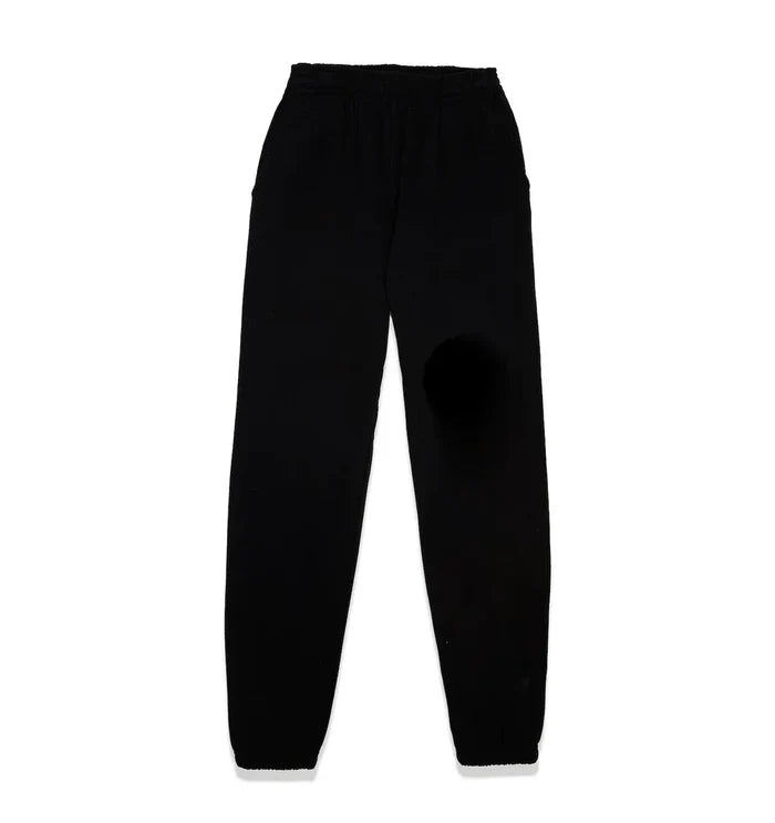 The 100% Cotton Sp5der Sweatpants for Men are black streetwear jogger pants with a yellow logo graphic and relaxed fit—perfect for everyday comfort and effortless style.