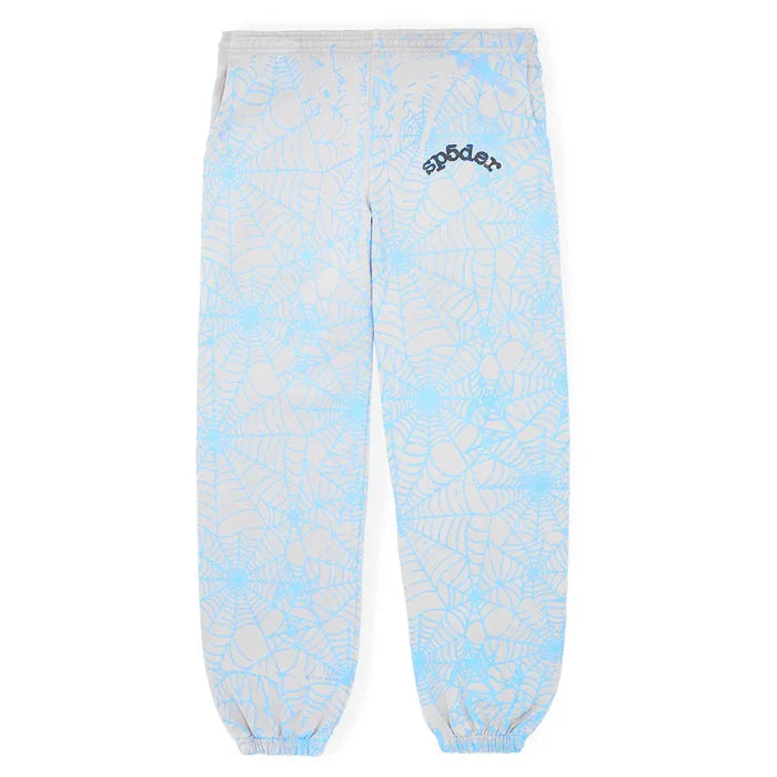 100% Cotton Sp5der Sweatpants for Men – Light Grey Jogger Pants with all-over blue spider web print, "sp5der" in black on the upper left thigh, relaxed fit, elastic waistband and cuffs for comfort.