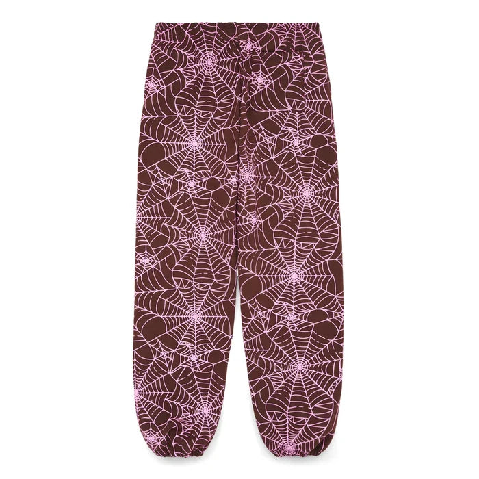 A pair of 100% cotton Sp5der unisex brown jogger pants with relaxed fit and all-over spider web print, featuring elastic cuffs—ideal for streetwear fans.