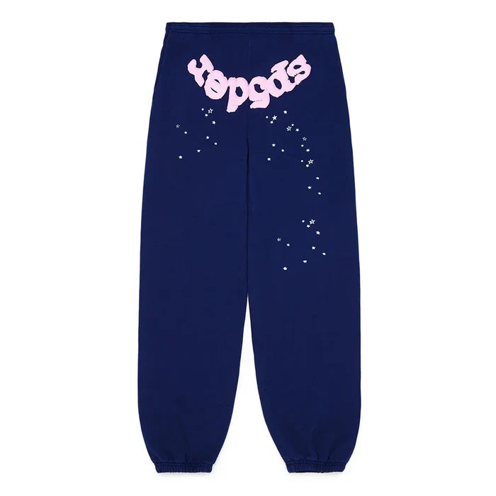 100% Cotton Sp5der Sweatpants – Unisex navy blue joggers with a relaxed fit, featuring a large pink logo across the back and small white star graphics on the upper back, finished with elastic cuffs.
