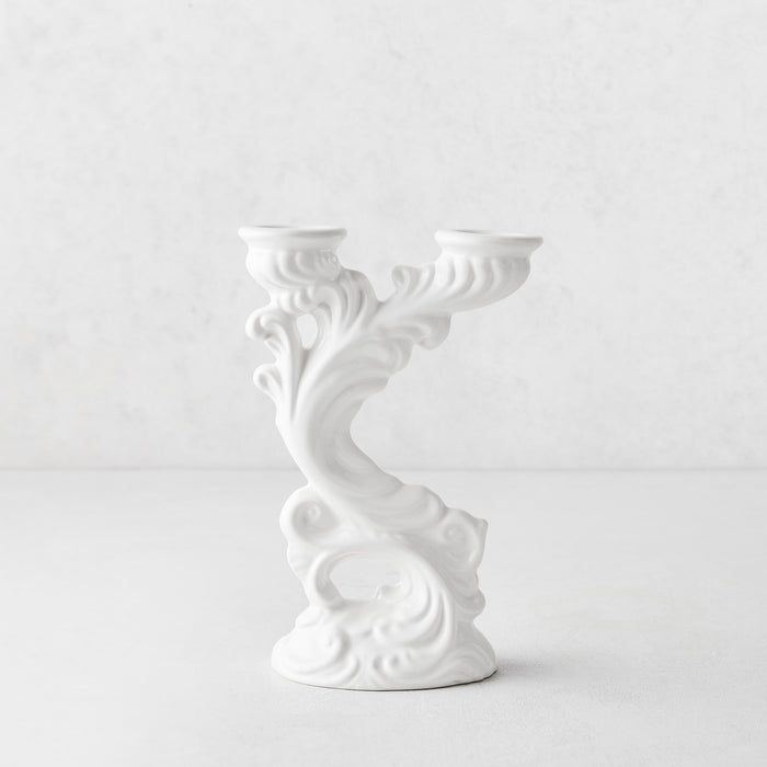 Assisi white ceramic candlestick with ornate, vintage-inspired scrollwork and two taper candle holders.