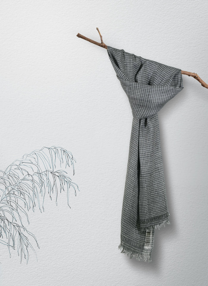 Blackout Grid Eri Silk and Linen Stole | Black and White Thin Checks