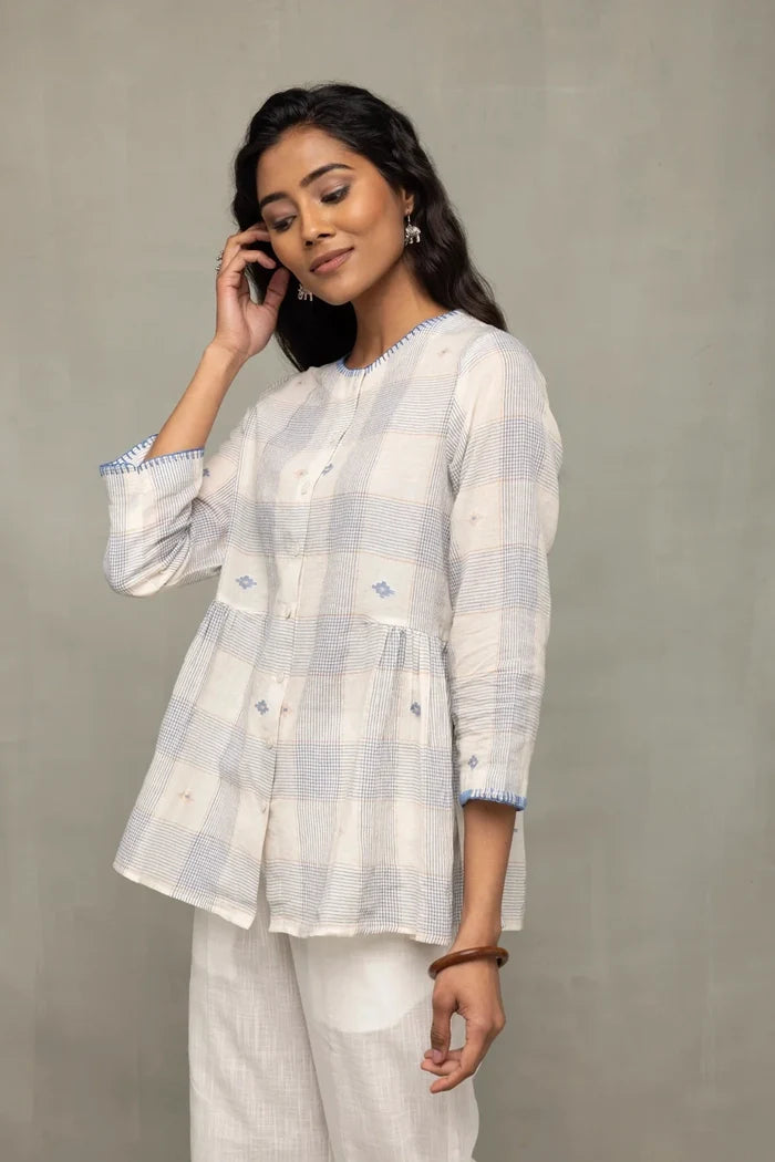 Elegant Off White Blue Check Jamdani Top with Zari Motifs for Festive Wear