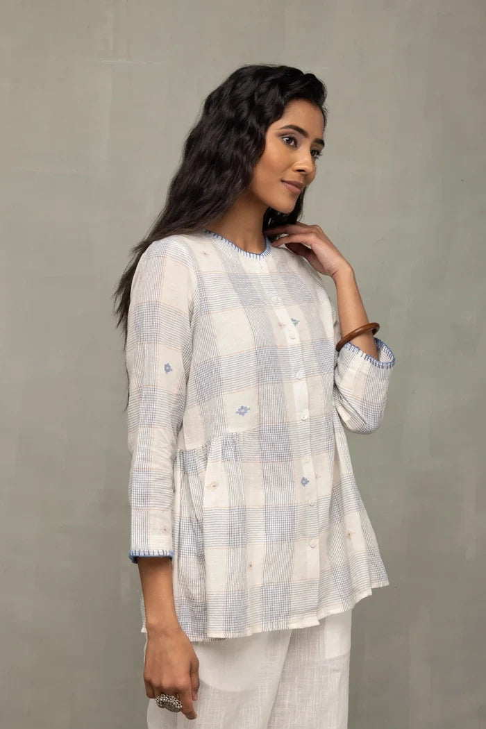 Lightweight Breathable Off White Blue Check Jamdani Top for Everyday Wear