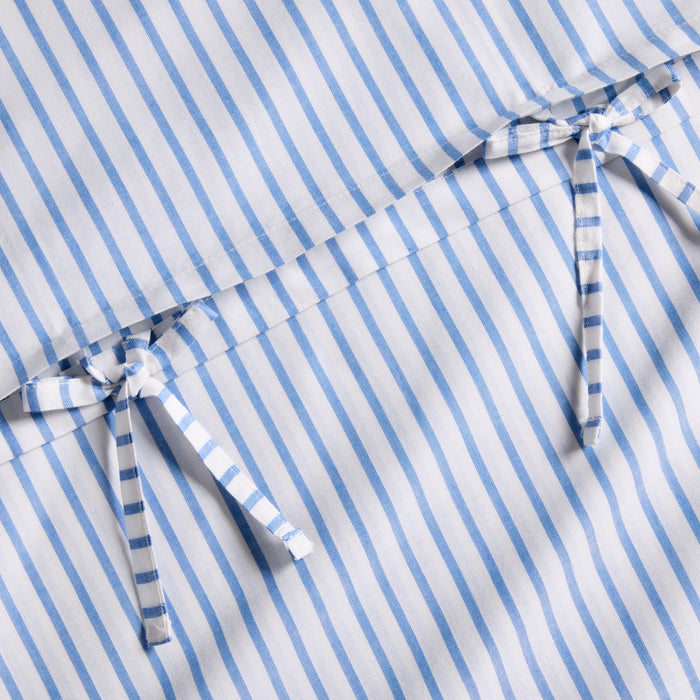 Blue Oxford Thin Stripe Cotton Duvet and Shams Set with tie closures.