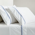 White percale sheet set with blue triple-stitch detail on pillowcases and flat sheet.