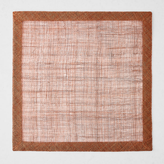 Square brick red abaca fiber placemat with a woven semi-transparent center and a solid textured border.