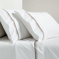 White percale sheet set with brown triple stitch edging on pillowcases and flat sheet.