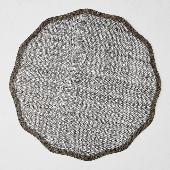 16-inch round chocolate brown abaca fiber placemat with a semi-transparent woven texture and scalloped border.