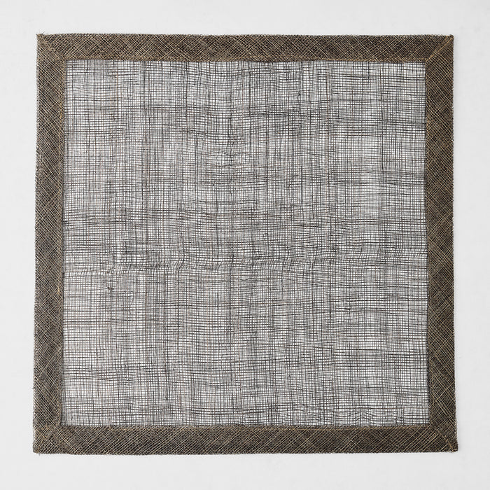 Chocolate brown square placemat made of woven abaca fibers with a semi-transparent center and solid border.