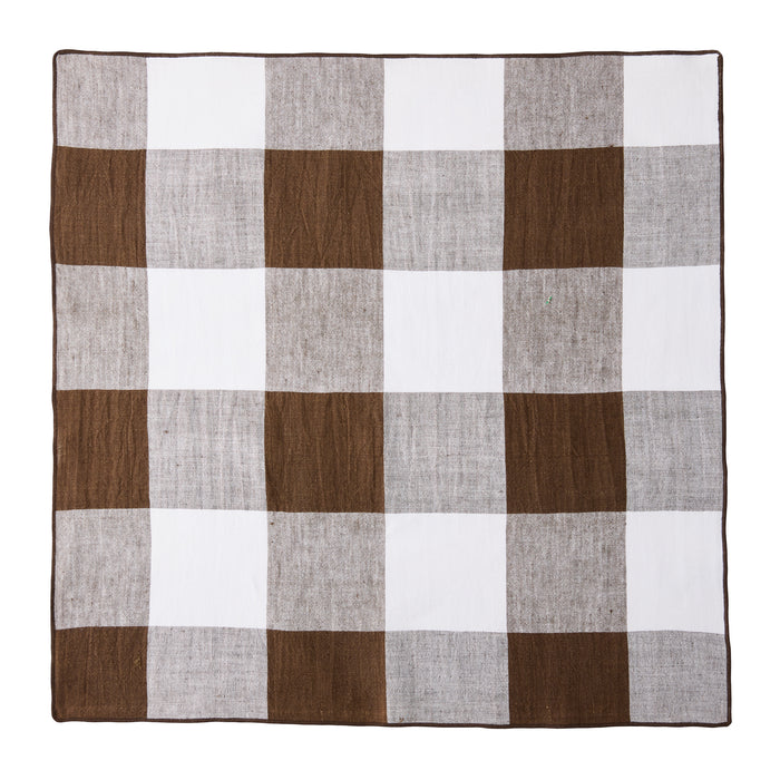 Cocoa brown buffalo check linen napkin, 20"x20", with white squares and a thin brown border.