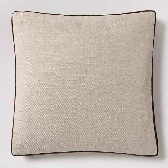 Square 22" flax linen pillow with dark brown velvet gusset and piping.