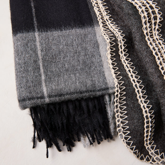 Diane Keaton + Hudson Grace charcoal plaid baby alpaca throw blanket with fringe.
