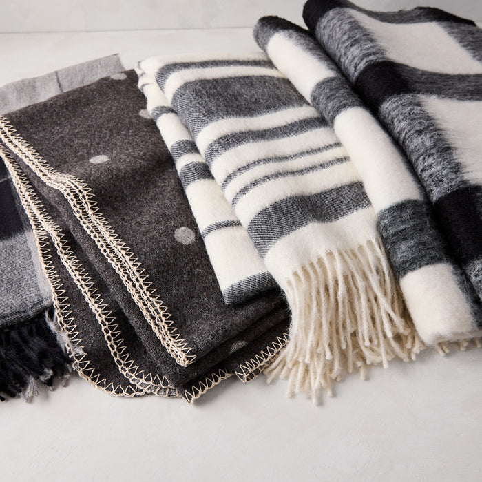 Diane Keaton + Hudson Grace charcoal plaid baby alpaca throw blanket with fringe.