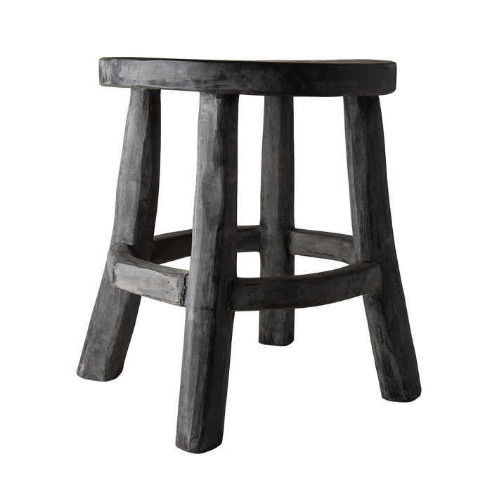 Diane Keaton + Hudson Grace black reclaimed teak wood stool with rustic texture.