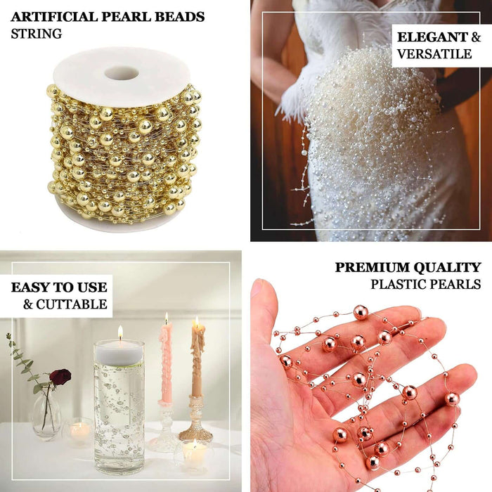 Artificial pearl beads string on a spool, ideal for elegant decorations and crafts.