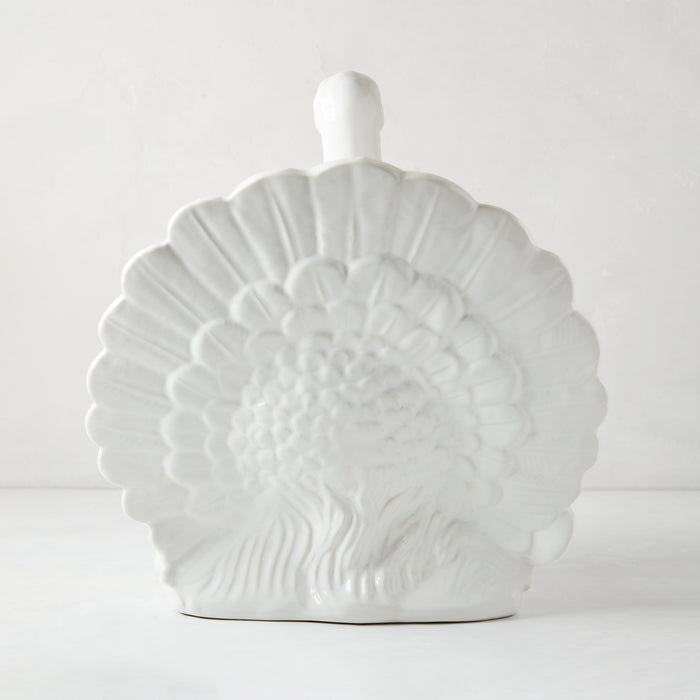 Oversized matte white ceramic turkey centerpiece with detailed fanned tail feathers, 15 inches tall.