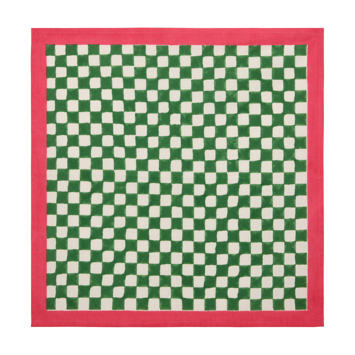 Green check cotton napkin with a pink border, 20" square.