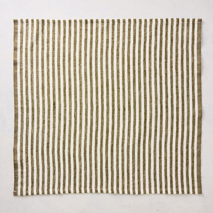 21-inch square linen napkin with green and white ticking stripes on a white background.