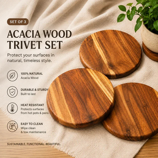 Handcrafted Acacia Wood Trivet Set of 3 | Heat Resistant Wooden Hot Pot Stand | WoodChop | 7 inch