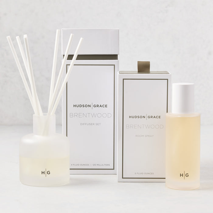 Hudson Grace Brentwood diffuser and room spray gift set with frosted glass bottles and white packaging.