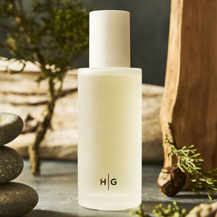 Hudson Grace Brentwood Room Spray in a minimalist frosted glass bottle with HG logo.