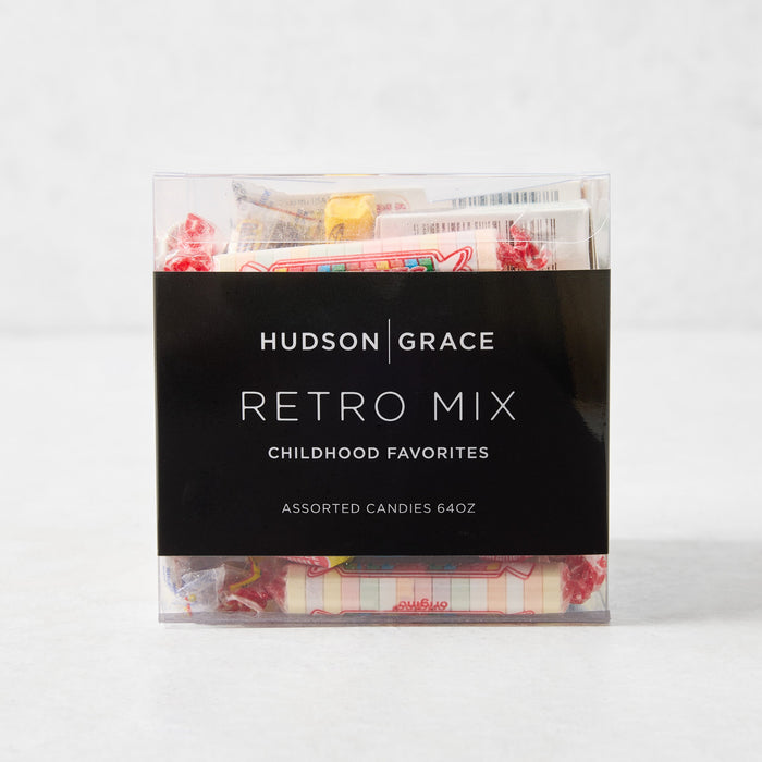 Hudson Grace Retro Mix Halloween candy box filled with assorted childhood favorite treats in a clear 64oz container.