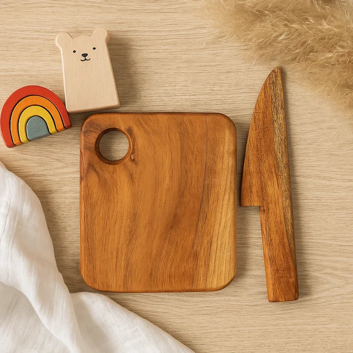 Kids Acacia Wood Cutting Board with Wooden Knife, Food Grade Finish, Ideal size for Young Chefs