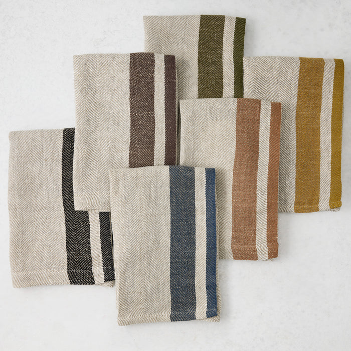 Lexington Blue Stripe Border Napkin, natural linen-cotton blend with navy blue stripes along the edges.
