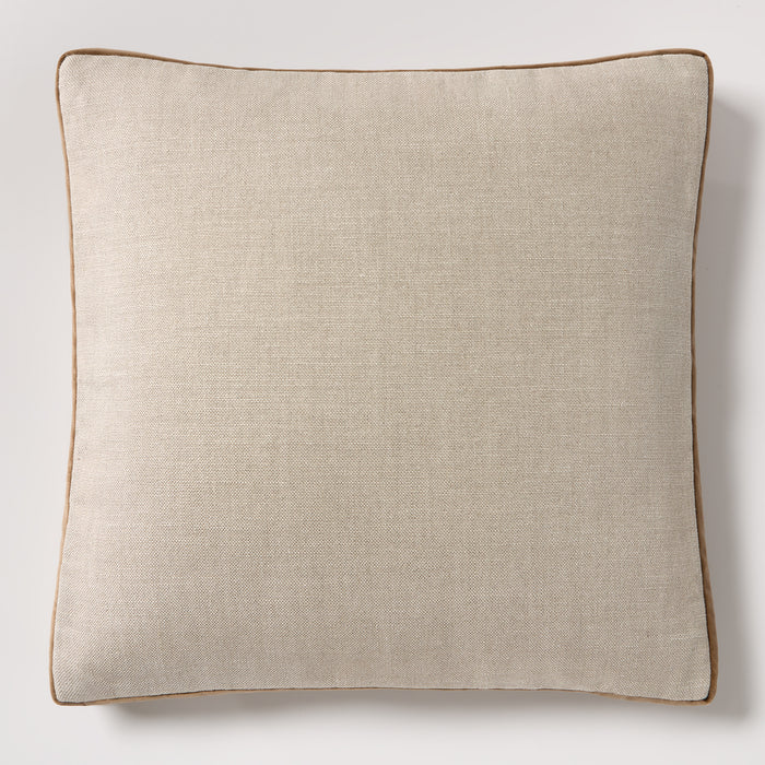 Moroccan Brown Velvet Gusseted and Linen Square Pillow, 22" square, with visible texture and brown piping.