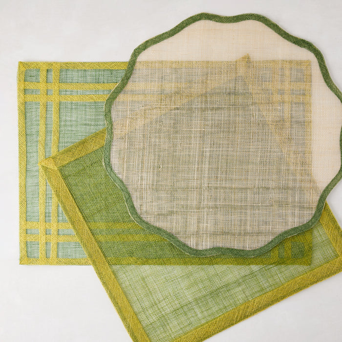 Newport Green Rectangular Abaca Placemat with yellow border, 19"L x 13"W.