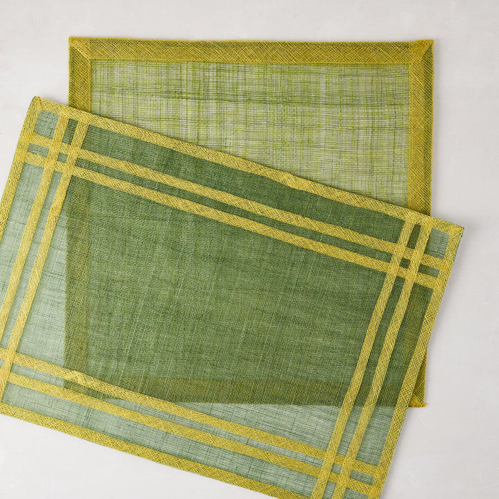 Newport Green Rectangular Abaca Placemat with yellow border, 19"L x 13"W.