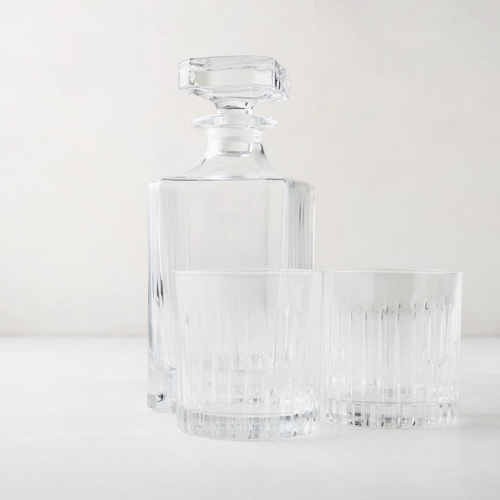 Regent Nightcap Gift Set: Clear eco-crystal decanter and two 11oz old-fashioned glasses with etched lines.