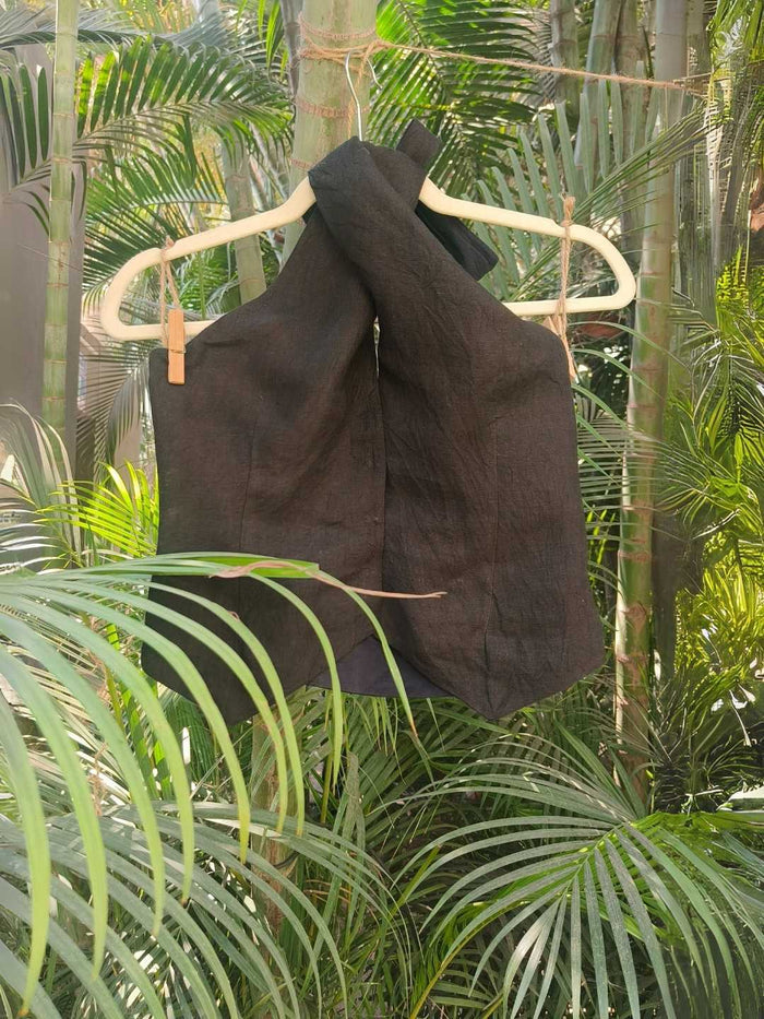 Noir Linen Co-ord Set - Halter Vest & High-Waist Trousers in Charcoal Black | Jhultaru