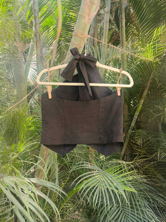 Noir Linen Co-ord Set - Halter Vest & High-Waist Trousers in Charcoal Black | Jhultaru