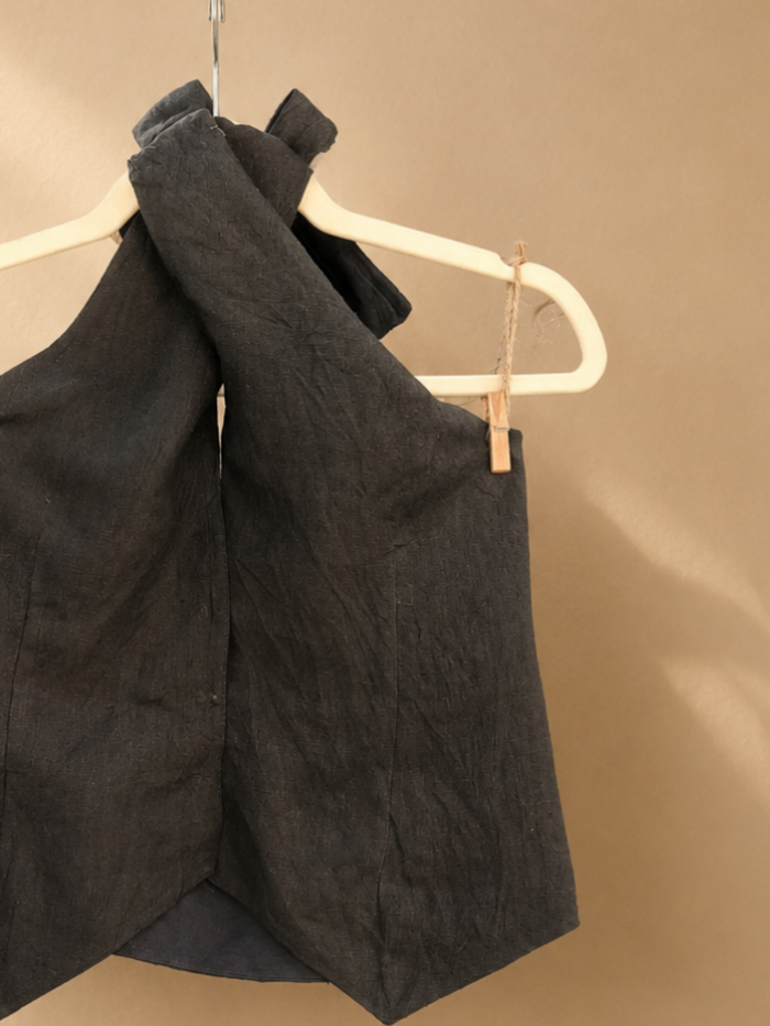 Noir Linen Co-ord Set - Halter Vest & High-Waist Trousers in Charcoal Black | Jhultaru