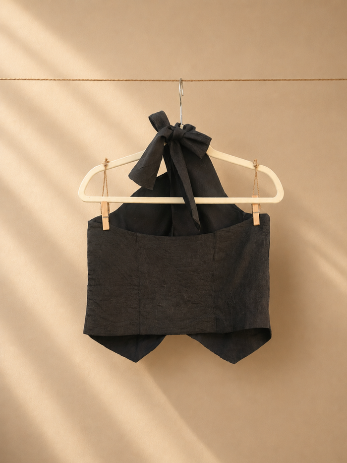 Noir Linen Co-ord Set - Halter Vest & High-Waist Trousers in Charcoal Black | Jhultaru