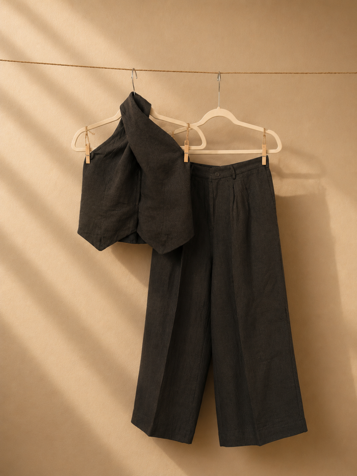Noir Linen Co-ord Set - Halter Vest & High-Waist Trousers in Charcoal Black | Jhultaru