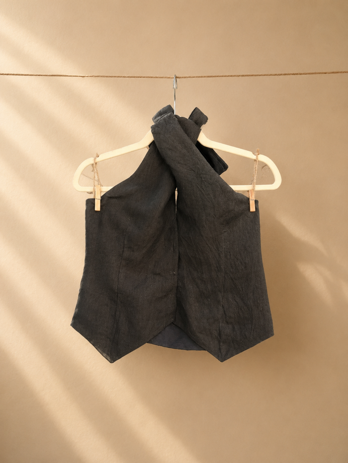 Noir Linen Co-ord Set - Halter Vest & High-Waist Trousers in Charcoal Black | Jhultaru