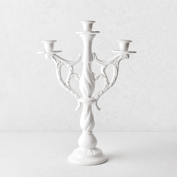 Orvieto white ceramic candelabra with ornate Italian-inspired detailing and a glossy glaze finish, 8.66 inches tall.