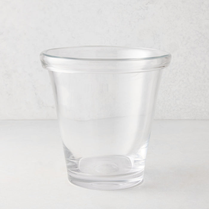 Clear glass Oxford ice bucket with a hand-molded, folded rim.