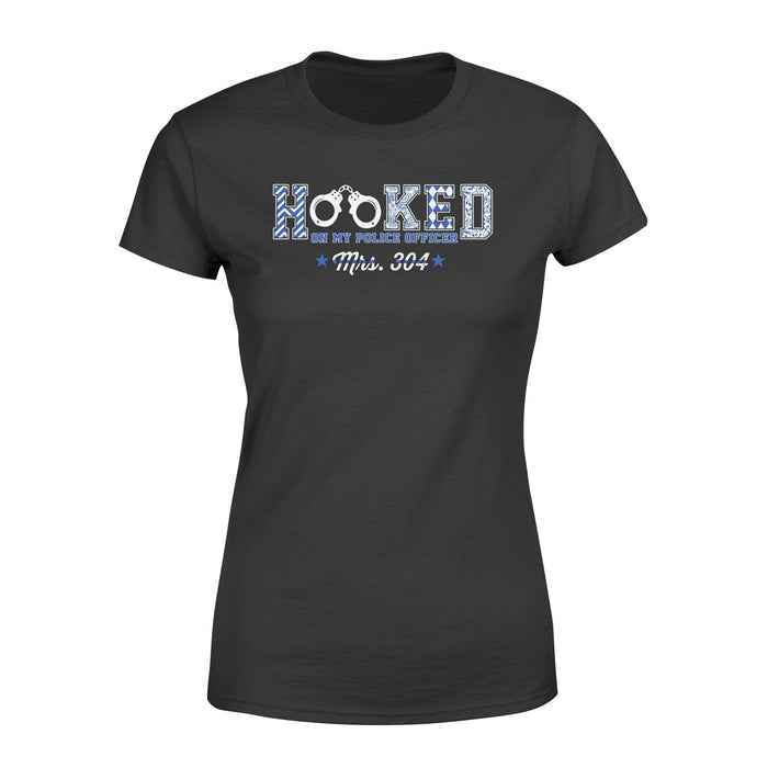 Apparel XS / Black Personalized Shirt - Pattern Hook On My Police Officer - Mrs. Badge Number - Standard Women's T-shirt