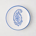 Peter Dunham + Hudson Grace blue hand-painted Kashmir paisley appetizer plate, white ceramic with blue rim.