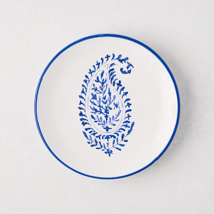 Peter Dunham + Hudson Grace blue hand-painted Kashmir paisley appetizer plate, white ceramic with blue rim.