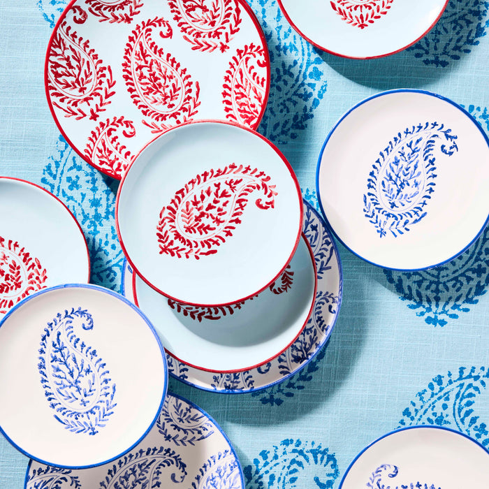 Peter Dunham + Hudson Grace Blue Kashmir hand-painted paisley salad plates in red and blue.