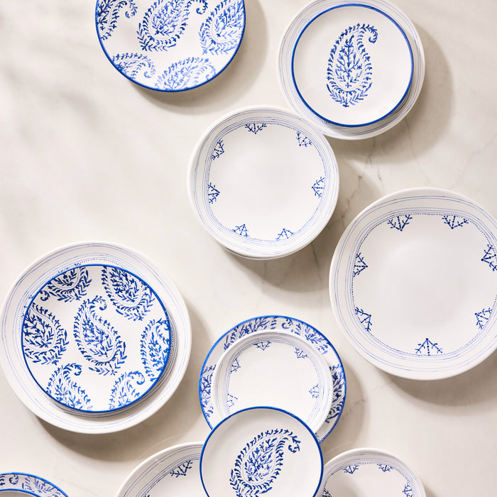 Peter Dunham + Hudson Grace Blue Kashmir hand-painted paisley salad plate on white marble.