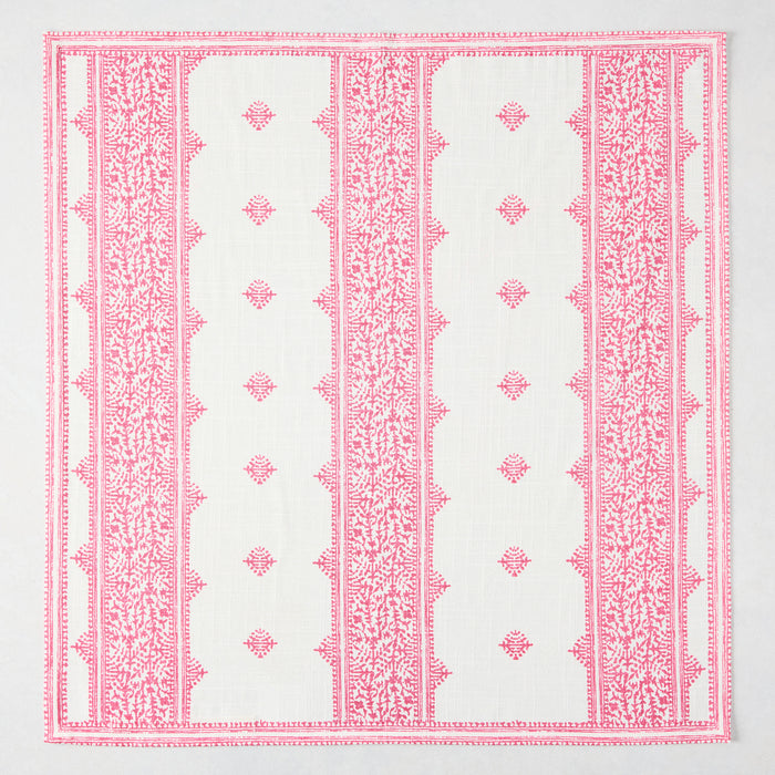Bright pink Fez Stripe printed cotton slub napkin with intricate vintage embroidery-inspired pattern.