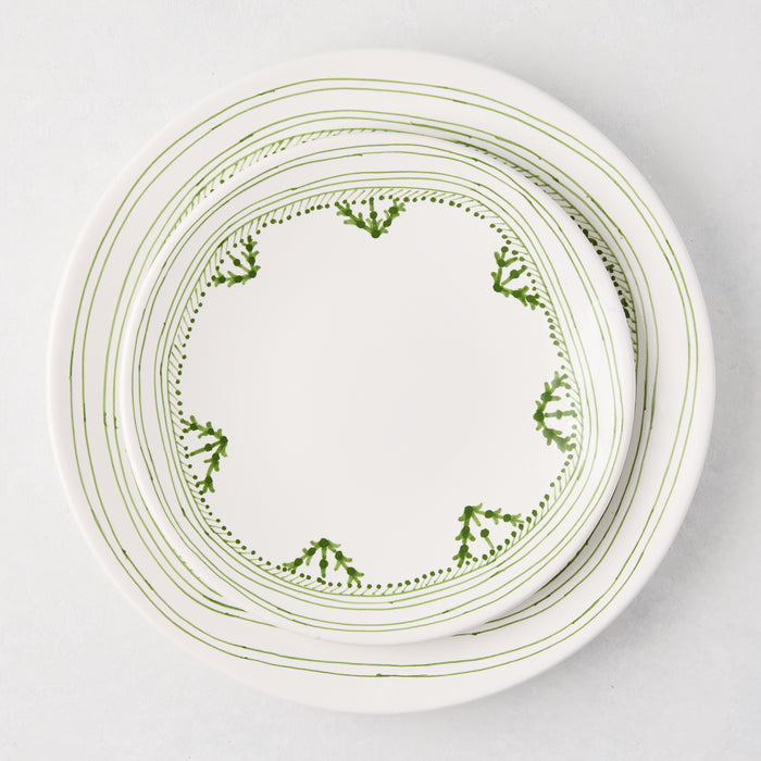 Peter Dunham + Hudson Grace Green Fez hand-painted border dinner plate, white with green abstract pattern.