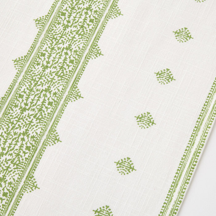 Peter Dunham + Hudson Grace green Fez stripe cotton table runner with intricate vintage-inspired embroidery pattern.
